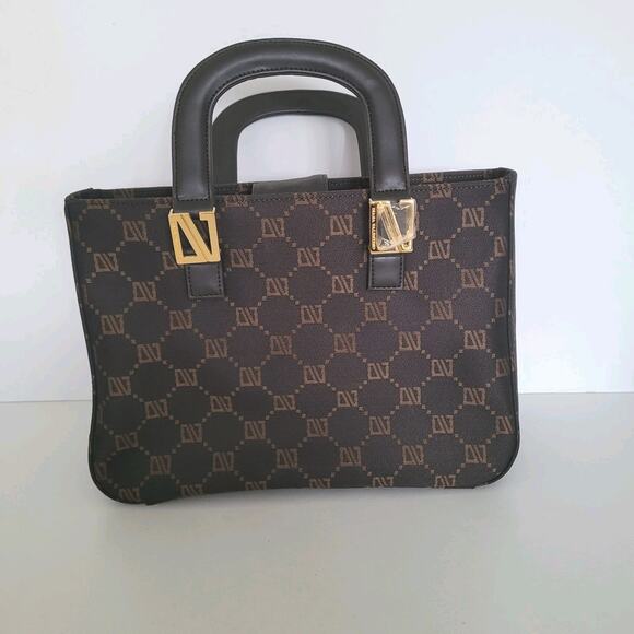 DIANA VALENTINO Study Handbag Tote Bag Brown Canvas Monogramed Medium Vintage - Picture 2 of 8